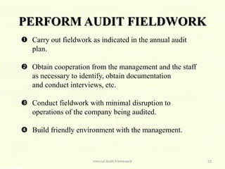 PERFORM AUDIT FIELDWORK
 Carry out fieldwork as indicated in the annual audit
plan.
 Obtain cooperation from the management and the staff
as necessary to identify, obtain documentation
and conduct interviews, etc.
 Conduct fieldwork with minimal disruption to
operations of the company being audited.
 Build friendly environment with the management.
Internal Audit Framework 23
 
