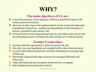 WHY?
Internal Audit Framework 4
The main objectives of I/A are:
► to provide assurance on the adequacy, efficiency and effectiveness of the
whole control environment,
► advise at an early stage in the implementation of any system developments,
amendments to processes, making recommendations in the formation of
policies, procedures and controls, and
► noting deviations from organizational policies, procedures and controls and
recommending actions to mitigate the risks arising out of such deviations.
Further I/A provides:
 assurance that the organization’s values are preserved, and
 that rules, laws and regulations are complied with in their letter and spirit.
 to ensure that financial statements and other information are accurate and
reliable and
 that human, financial and other resources are managed efficiently and
effectively,
 wider anti-fraud and anti-corruption framework for a company,
 both feedback and feed forward controls.
 