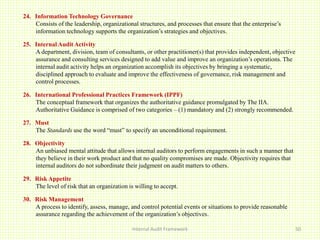 Internal Audit Framework 50
24. Information Technology Governance
Consists of the leadership, organizational structures, and processes that ensure that the enterprise’s
information technology supports the organization’s strategies and objectives.
25. Internal Audit Activity
A department, division, team of consultants, or other practitioner(s) that provides independent, objective
assurance and consulting services designed to add value and improve an organization’s operations. The
internal audit activity helps an organization accomplish its objectives by bringing a systematic,
disciplined approach to evaluate and improve the effectiveness of governance, risk management and
control processes.
26. International Professional Practices Framework (IPPF)
The conceptual framework that organizes the authoritative guidance promulgated by The IIA.
Authoritative Guidance is comprised of two categories – (1) mandatory and (2) strongly recommended.
27. Must
The Standards use the word “must” to specify an unconditional requirement.
28. Objectivity
An unbiased mental attitude that allows internal auditors to perform engagements in such a manner that
they believe in their work product and that no quality compromises are made. Objectivity requires that
internal auditors do not subordinate their judgment on audit matters to others.
29. Risk Appetite
The level of risk that an organization is willing to accept.
30. Risk Management
A process to identify, assess, manage, and control potential events or situations to provide reasonable
assurance regarding the achievement of the organization’s objectives.
 