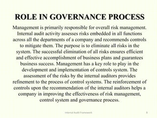ROLE IN GOVERNANCE PROCESS
Internal Audit Framework 8
Management is primarily responsible for overall risk management.
Internal audit activity assesses risks embedded in all functions
across all the departments of a company and recommends controls
to mitigate them. The purpose is to eliminate all risks in the
system. The successful elimination of all risks ensures efficient
and effective accomplishment of business plans and guarantees
business success. Management has a key role to play in the
development and implementation of controls system. The
assessment of the risks by the internal auditors provides
refinement to the process of control systems. The reinforcement of
controls upon the recommendation of the internal auditors helps a
company in improving the effectiveness of risk management,
control system and governance process.
 