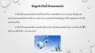 ข้อมูลท่าเรือน้าลึกแหลมฉบัง
ท่าเรือน้าลึกแหลมฉบังเป็นท่าเรือน้าลึกหลักในการขนส่งสินค้าระหว่างประเทศ ตั้งอยู่ในเขต
เทศบาลนครแหลมฉบังอาเภอศรีราชา และอาเภอบางละมุงจังหวัดชลบุรีอยู่ภายใต้การดูแลของการท่าเรือ
แห่งประเทศไทย
ท่าเรือน้าลึกแหลมฉบังเริ่มงานก่อสร้างตั้งแต่ 2530 แล้วเสร็จและเปิดดาเนินการท่าเทียบเรือ B1
เป็นท่าแรกเมื่อวันที่ 21 มกราคม 2534
 