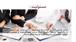 ‫مسئوليت‬:
•‫واحد‬‫تضمین‬،‫کیفیت‬‫صاحب‬‫فرایندممیزی‬‫داخلی‬‫است‬.‫وی‬‫مسئول‬‫کنترل‬
‫و‬‫بکارگیری‬‫الزامات‬‫تشریح‬‫شده‬‫دراین‬‫خطوط‬‫راهنما‬‫و‬‫همچنین‬‫توسعه‬
‫وبهبود‬‫مستمراثربخشی‬‫عملکرد‬‫فرایند‬‫مذکوراست‬.
 