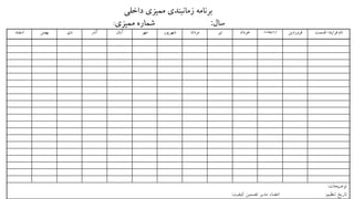 ‫فرايند‬ ‫نام‬/‫قسمت‬‫فروردين‬‫ارديبهشت‬‫خرداد‬‫تير‬‫مرداد‬‫شهريور‬‫مهر‬‫آبان‬‫آذر‬‫دي‬‫بهمن‬‫اسفند‬
‫توضيحات‬:
‫تنظيم‬ ‫تاريخ‬:‫امضاء‬‫کيفيت‬ ‫تضمين‬ ‫مدير‬:
‫داخلی‬ ‫مميزي‬ ‫زمانبندي‬ ‫برنامه‬
‫سال‬:‫مميزي‬ ‫شماره‬:
 