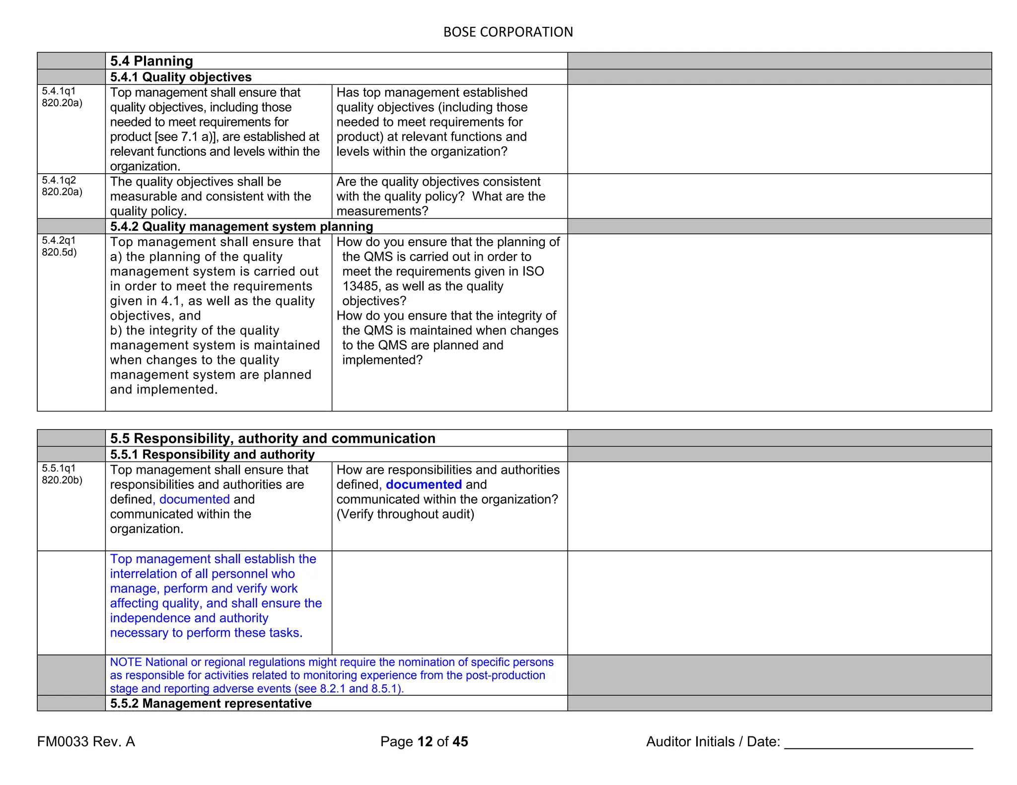 BOSE CORPORATION
FM0033 Rev. A Page 12 of 45 Auditor Initials / Date: ________________________
5.4 Planning
5.4.1 Quality objectives
5.4.1q1
820.20a)
Top management shall ensure that
quality objectives, including those
needed to meet requirements for
product [see 7.1 a)], are established at
relevant functions and levels within the
organization.
Has top management established
quality objectives (including those
needed to meet requirements for
product) at relevant functions and
levels within the organization?
5.4.1q2
820.20a)
The quality objectives shall be
measurable and consistent with the
quality policy.
Are the quality objectives consistent
with the quality policy? What are the
measurements?
5.4.2 Quality management system planning
5.4.2q1
820.5d)
Top management shall ensure that
a) the planning of the quality
management system is carried out
in order to meet the requirements
given in 4.1, as well as the quality
objectives, and
b) the integrity of the quality
management system is maintained
when changes to the quality
management system are planned
and implemented.
How do you ensure that the planning of
the QMS is carried out in order to
meet the requirements given in ISO
13485, as well as the quality
objectives?
How do you ensure that the integrity of
the QMS is maintained when changes
to the QMS are planned and
implemented?
5.5 Responsibility, authority and communication
5.5.1 Responsibility and authority
5.5.1q1
820.20b)
Top management shall ensure that
responsibilities and authorities are
defined, documented and
communicated within the
organization.
How are responsibilities and authorities
defined, documented and
communicated within the organization?
(Verify throughout audit)
Top management shall establish the
interrelation of all personnel who
manage, perform and verify work
affecting quality, and shall ensure the
independence and authority
necessary to perform these tasks.
NOTE National or regional regulations might require the nomination of specific persons
as responsible for activities related to monitoring experience from the post-production
stage and reporting adverse events (see 8.2.1 and 8.5.1).
5.5.2 Management representative
 
