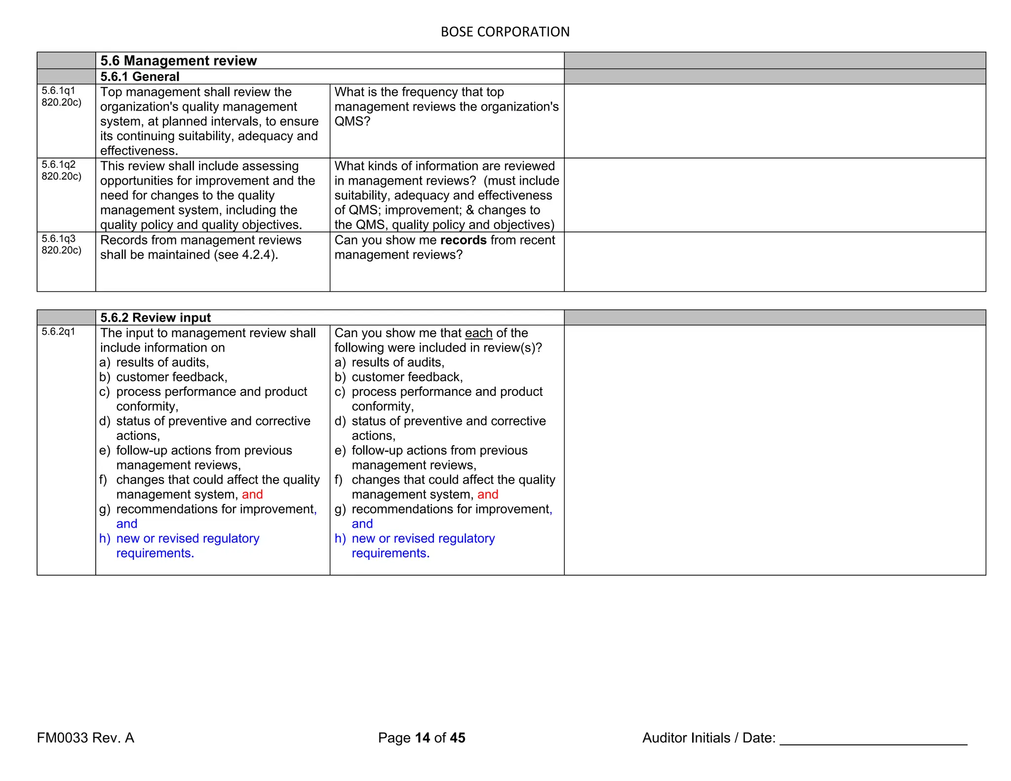 BOSE CORPORATION
FM0033 Rev. A Page 14 of 45 Auditor Initials / Date: ________________________
5.6 Management review
5.6.1 General
5.6.1q1
820.20c)
Top management shall review the
organization's quality management
system, at planned intervals, to ensure
its continuing suitability, adequacy and
effectiveness.
What is the frequency that top
management reviews the organization's
QMS?
5.6.1q2
820.20c)
This review shall include assessing
opportunities for improvement and the
need for changes to the quality
management system, including the
quality policy and quality objectives.
What kinds of information are reviewed
in management reviews? (must include
suitability, adequacy and effectiveness
of QMS; improvement; & changes to
the QMS, quality policy and objectives)
5.6.1q3
820.20c)
Records from management reviews
shall be maintained (see 4.2.4).
Can you show me records from recent
management reviews?
5.6.2 Review input
5.6.2q1 The input to management review shall
include information on
a) results of audits,
b) customer feedback,
c) process performance and product
conformity,
d) status of preventive and corrective
actions,
e) follow-up actions from previous
management reviews,
f) changes that could affect the quality
management system, and
g) recommendations for improvement,
and
h) new or revised regulatory
requirements.
Can you show me that each of the
following were included in review(s)?
a) results of audits,
b) customer feedback,
c) process performance and product
conformity,
d) status of preventive and corrective
actions,
e) follow-up actions from previous
management reviews,
f) changes that could affect the quality
management system, and
g) recommendations for improvement,
and
h) new or revised regulatory
requirements.
 