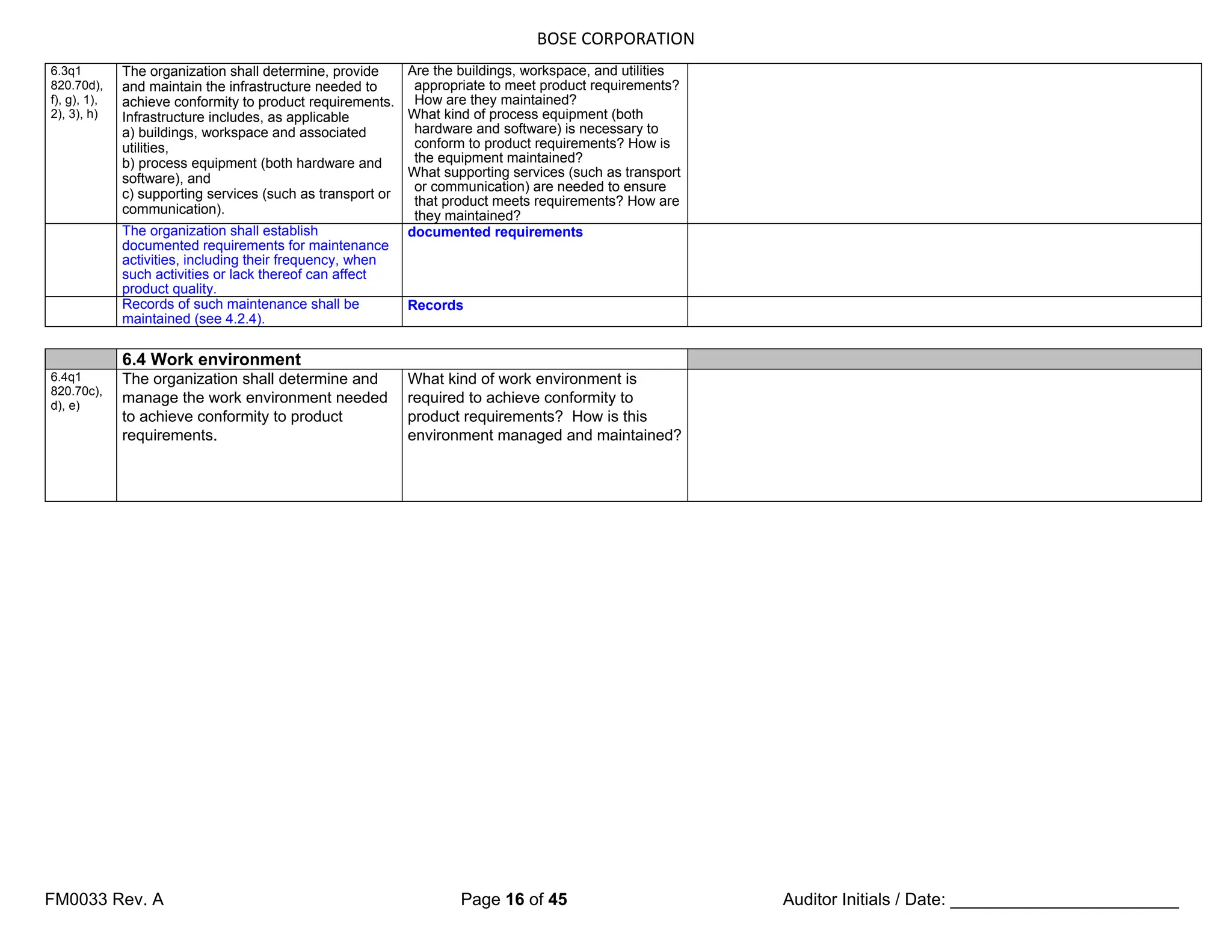 BOSE CORPORATION
FM0033 Rev. A Page 16 of 45 Auditor Initials / Date: ________________________
6.3q1
820.70d),
f), g), 1),
2), 3), h)
The organization shall determine, provide
and maintain the infrastructure needed to
achieve conformity to product requirements.
Infrastructure includes, as applicable
a) buildings, workspace and associated
utilities,
b) process equipment (both hardware and
software), and
c) supporting services (such as transport or
communication).
Are the buildings, workspace, and utilities
appropriate to meet product requirements?
How are they maintained?
What kind of process equipment (both
hardware and software) is necessary to
conform to product requirements? How is
the equipment maintained?
What supporting services (such as transport
or communication) are needed to ensure
that product meets requirements? How are
they maintained?
The organization shall establish
documented requirements for maintenance
activities, including their frequency, when
such activities or lack thereof can affect
product quality.
documented requirements
Records of such maintenance shall be
maintained (see 4.2.4).
Records
6.4 Work environment
6.4q1
820.70c),
d), e)
The organization shall determine and
manage the work environment needed
to achieve conformity to product
requirements.
What kind of work environment is
required to achieve conformity to
product requirements? How is this
environment managed and maintained?
 