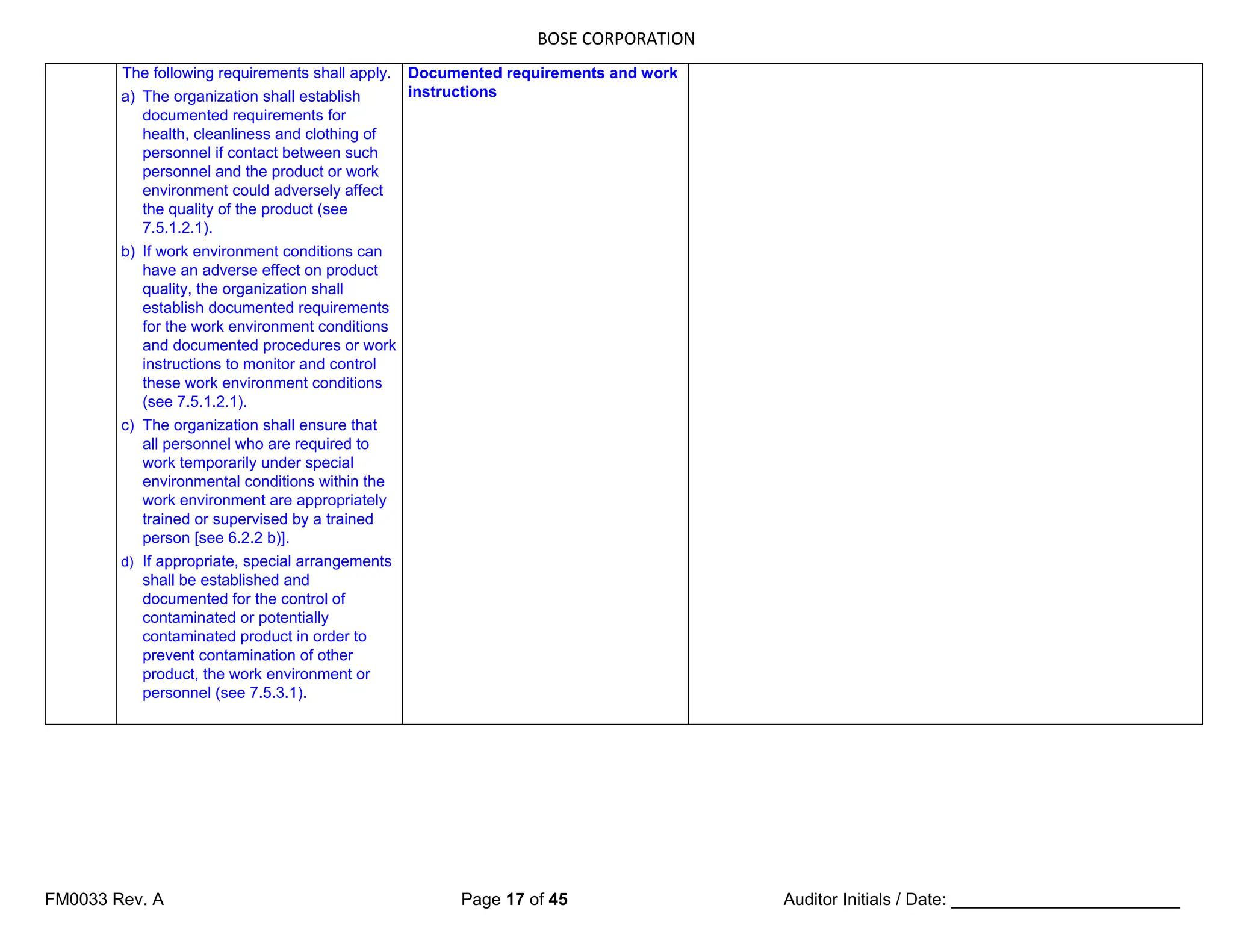 BOSE CORPORATION
FM0033 Rev. A Page 17 of 45 Auditor Initials / Date: ________________________
The following requirements shall apply.
a) The organization shall establish
documented requirements for
health, cleanliness and clothing of
personnel if contact between such
personnel and the product or work
environment could adversely affect
the quality of the product (see
7.5.1.2.1).
b) If work environment conditions can
have an adverse effect on product
quality, the organization shall
establish documented requirements
for the work environment conditions
and documented procedures or work
instructions to monitor and control
these work environment conditions
(see 7.5.1.2.1).
c) The organization shall ensure that
all personnel who are required to
work temporarily under special
environmental conditions within the
work environment are appropriately
trained or supervised by a trained
person [see 6.2.2 b)].
d) If appropriate, special arrangements
shall be established and
documented for the control of
contaminated or potentially
contaminated product in order to
prevent contamination of other
product, the work environment or
personnel (see 7.5.3.1).
Documented requirements and work
instructions
 