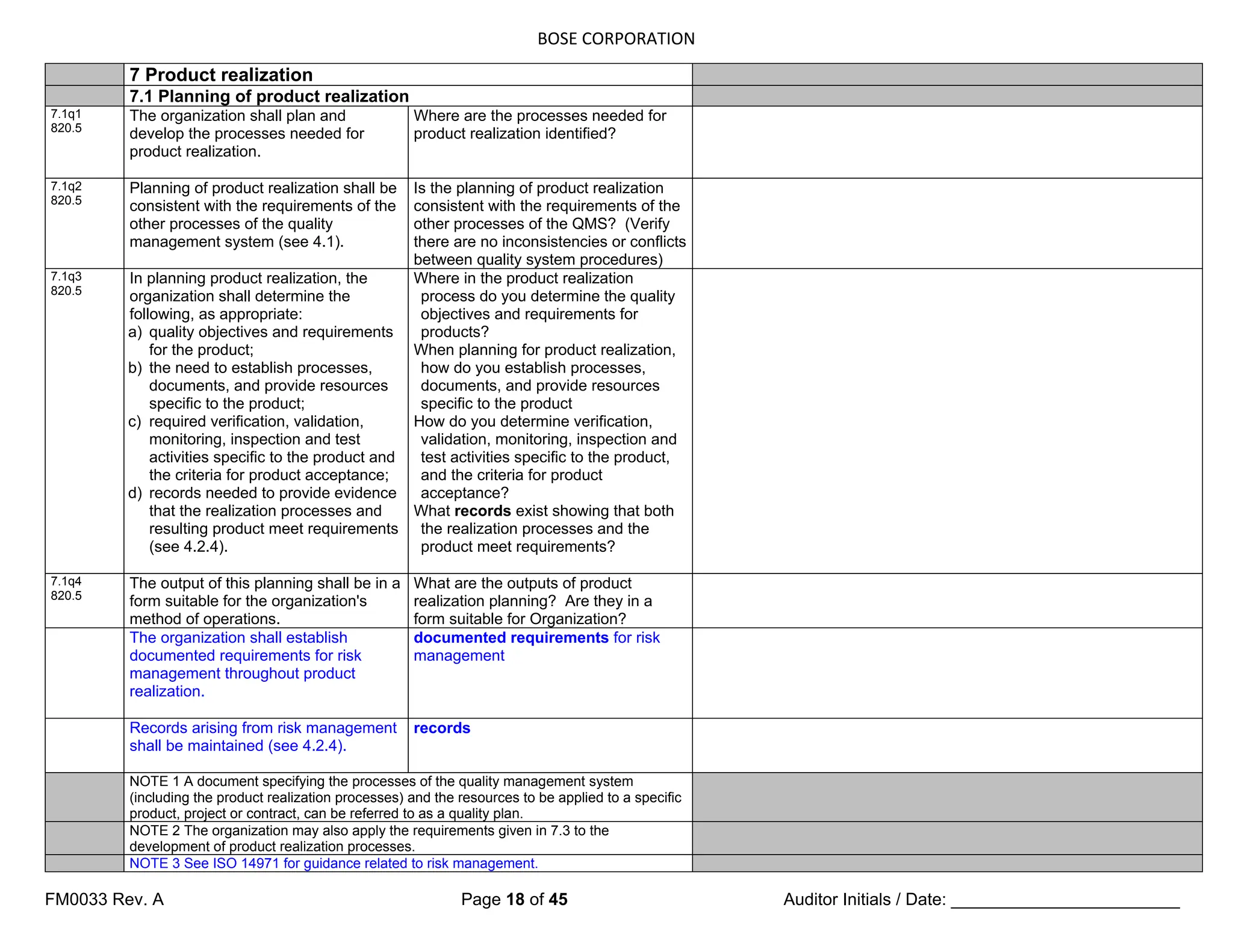 BOSE CORPORATION
FM0033 Rev. A Page 18 of 45 Auditor Initials / Date: ________________________
7 Product realization
7.1 Planning of product realization
7.1q1
820.5
The organization shall plan and
develop the processes needed for
product realization.
Where are the processes needed for
product realization identified?
7.1q2
820.5
Planning of product realization shall be
consistent with the requirements of the
other processes of the quality
management system (see 4.1).
Is the planning of product realization
consistent with the requirements of the
other processes of the QMS? (Verify
there are no inconsistencies or conflicts
between quality system procedures)
7.1q3
820.5
In planning product realization, the
organization shall determine the
following, as appropriate:
a) quality objectives and requirements
for the product;
b) the need to establish processes,
documents, and provide resources
specific to the product;
c) required verification, validation,
monitoring, inspection and test
activities specific to the product and
the criteria for product acceptance;
d) records needed to provide evidence
that the realization processes and
resulting product meet requirements
(see 4.2.4).
Where in the product realization
process do you determine the quality
objectives and requirements for
products?
When planning for product realization,
how do you establish processes,
documents, and provide resources
specific to the product
How do you determine verification,
validation, monitoring, inspection and
test activities specific to the product,
and the criteria for product
acceptance?
What records exist showing that both
the realization processes and the
product meet requirements?
7.1q4
820.5
The output of this planning shall be in a
form suitable for the organization's
method of operations.
What are the outputs of product
realization planning? Are they in a
form suitable for Organization?
The organization shall establish
documented requirements for risk
management throughout product
realization.
documented requirements for risk
management
Records arising from risk management
shall be maintained (see 4.2.4).
records
NOTE 1 A document specifying the processes of the quality management system
(including the product realization processes) and the resources to be applied to a specific
product, project or contract, can be referred to as a quality plan.
NOTE 2 The organization may also apply the requirements given in 7.3 to the
development of product realization processes.
NOTE 3 See ISO 14971 for guidance related to risk management.
 