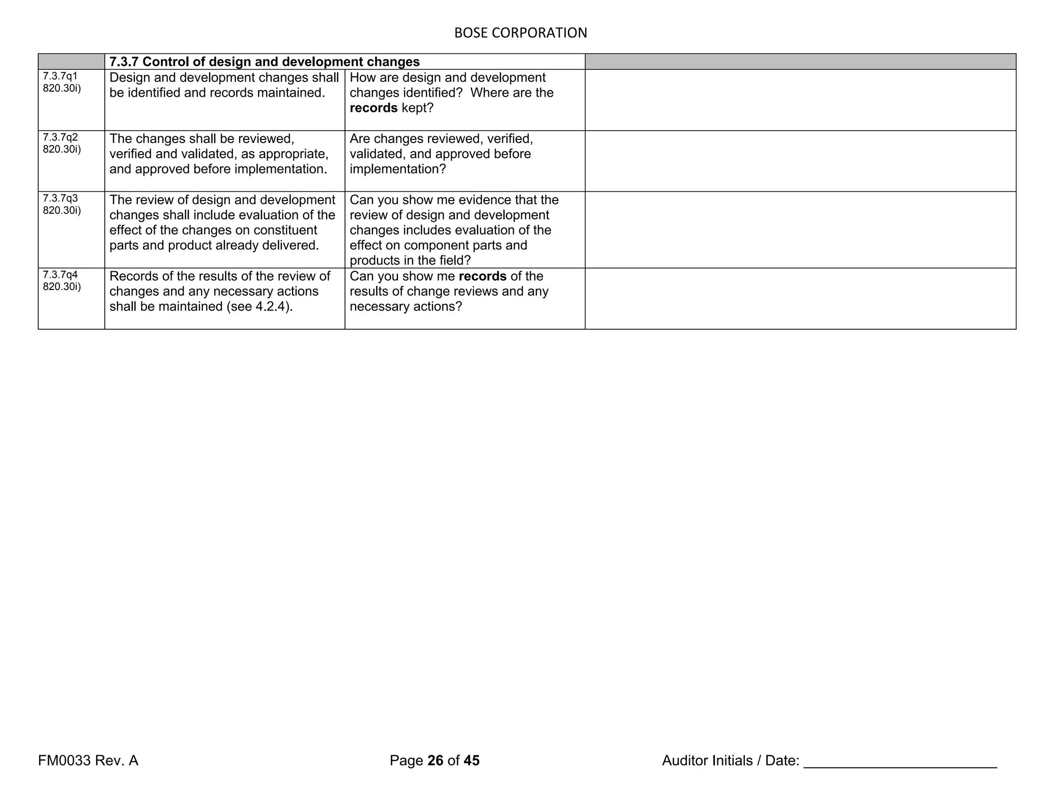 BOSE CORPORATION
FM0033 Rev. A Page 26 of 45 Auditor Initials / Date: ________________________
7.3.7 Control of design and development changes
7.3.7q1
820.30i)
Design and development changes shall
be identified and records maintained.
How are design and development
changes identified? Where are the
records kept?
7.3.7q2
820.30i)
The changes shall be reviewed,
verified and validated, as appropriate,
and approved before implementation.
Are changes reviewed, verified,
validated, and approved before
implementation?
7.3.7q3
820.30i)
The review of design and development
changes shall include evaluation of the
effect of the changes on constituent
parts and product already delivered.
Can you show me evidence that the
review of design and development
changes includes evaluation of the
effect on component parts and
products in the field?
7.3.7q4
820.30i)
Records of the results of the review of
changes and any necessary actions
shall be maintained (see 4.2.4).
Can you show me records of the
results of change reviews and any
necessary actions?
 