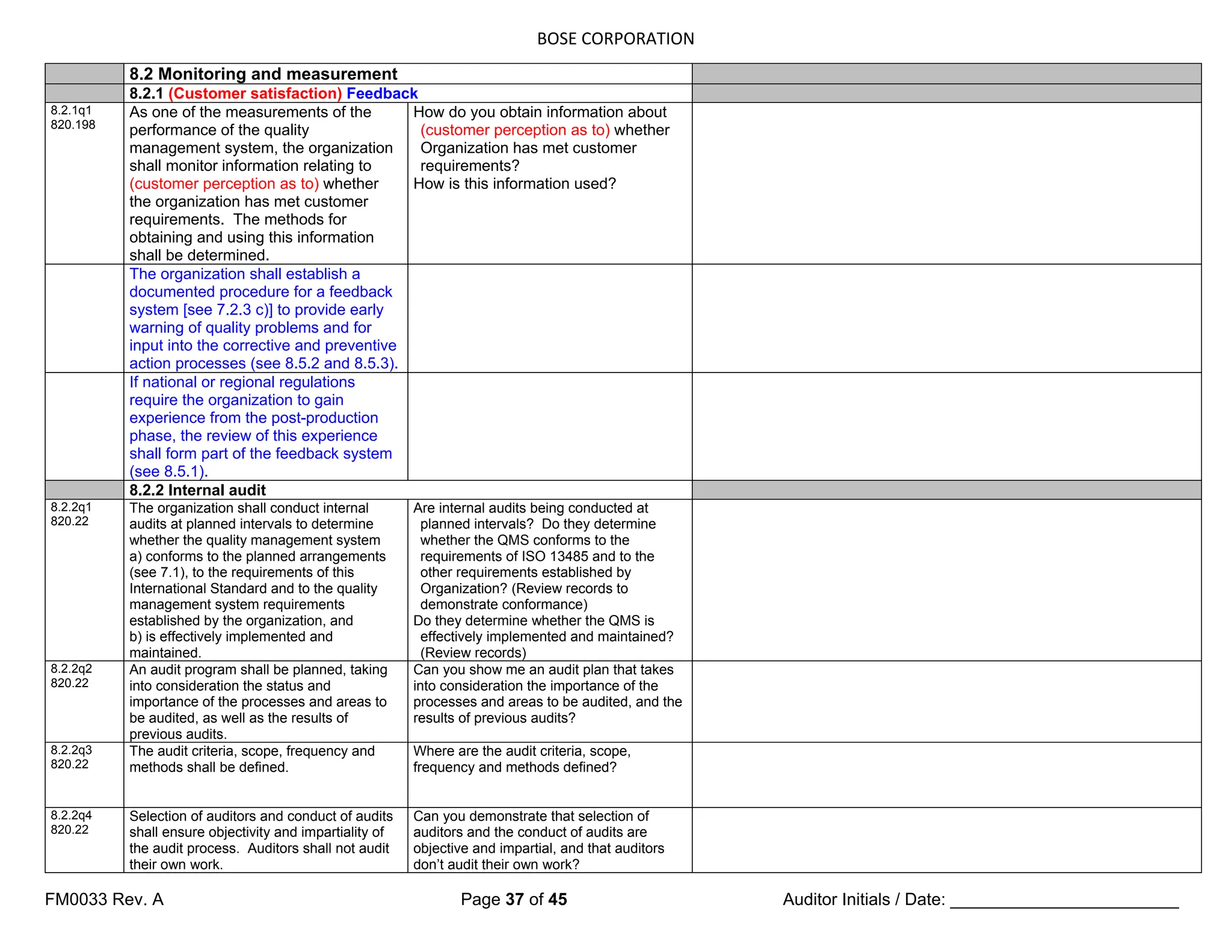 BOSE CORPORATION
FM0033 Rev. A Page 37 of 45 Auditor Initials / Date: ________________________
8.2 Monitoring and measurement
8.2.1 (Customer satisfaction) Feedback
8.2.1q1
820.198
As one of the measurements of the
performance of the quality
management system, the organization
shall monitor information relating to
(customer perception as to) whether
the organization has met customer
requirements. The methods for
obtaining and using this information
shall be determined.
How do you obtain information about
(customer perception as to) whether
Organization has met customer
requirements?
How is this information used?
The organization shall establish a
documented procedure for a feedback
system [see 7.2.3 c)] to provide early
warning of quality problems and for
input into the corrective and preventive
action processes (see 8.5.2 and 8.5.3).
If national or regional regulations
require the organization to gain
experience from the post-production
phase, the review of this experience
shall form part of the feedback system
(see 8.5.1).
8.2.2 Internal audit
8.2.2q1
820.22
The organization shall conduct internal
audits at planned intervals to determine
whether the quality management system
a) conforms to the planned arrangements
(see 7.1), to the requirements of this
International Standard and to the quality
management system requirements
established by the organization, and
b) is effectively implemented and
maintained.
Are internal audits being conducted at
planned intervals? Do they determine
whether the QMS conforms to the
requirements of ISO 13485 and to the
other requirements established by
Organization? (Review records to
demonstrate conformance)
Do they determine whether the QMS is
effectively implemented and maintained?
(Review records)
8.2.2q2
820.22
An audit program shall be planned, taking
into consideration the status and
importance of the processes and areas to
be audited, as well as the results of
previous audits.
Can you show me an audit plan that takes
into consideration the importance of the
processes and areas to be audited, and the
results of previous audits?
8.2.2q3
820.22
The audit criteria, scope, frequency and
methods shall be defined.
Where are the audit criteria, scope,
frequency and methods defined?
8.2.2q4
820.22
Selection of auditors and conduct of audits
shall ensure objectivity and impartiality of
the audit process. Auditors shall not audit
their own work.
Can you demonstrate that selection of
auditors and the conduct of audits are
objective and impartial, and that auditors
don’t audit their own work?
 