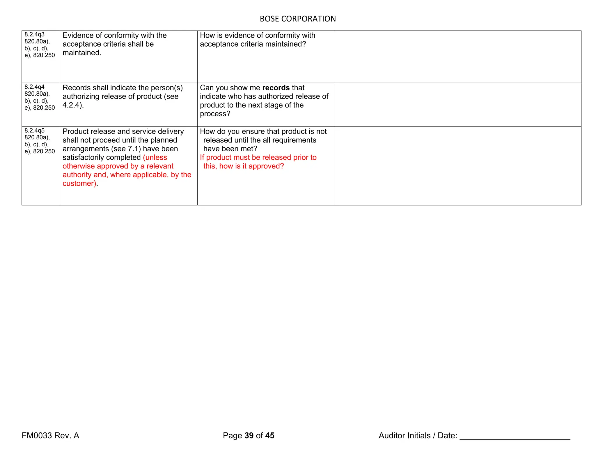 BOSE CORPORATION
FM0033 Rev. A Page 39 of 45 Auditor Initials / Date: ________________________
8.2.4q3
820.80a),
b), c), d),
e), 820.250
Evidence of conformity with the
acceptance criteria shall be
maintained.
How is evidence of conformity with
acceptance criteria maintained?
8.2.4q4
820.80a),
b), c), d),
e), 820.250
Records shall indicate the person(s)
authorizing release of product (see
4.2.4).
Can you show me records that
indicate who has authorized release of
product to the next stage of the
process?
8.2.4q5
820.80a),
b), c), d),
e), 820.250
Product release and service delivery
shall not proceed until the planned
arrangements (see 7.1) have been
satisfactorily completed (unless
otherwise approved by a relevant
authority and, where applicable, by the
customer).
How do you ensure that product is not
released until the all requirements
have been met?
If product must be released prior to
this, how is it approved?
 