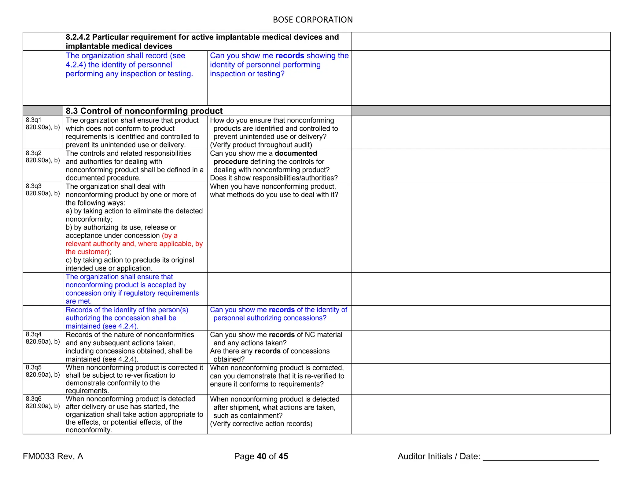BOSE CORPORATION
FM0033 Rev. A Page 40 of 45 Auditor Initials / Date: ________________________
8.2.4.2 Particular requirement for active implantable medical devices and
implantable medical devices
The organization shall record (see
4.2.4) the identity of personnel
performing any inspection or testing.
Can you show me records showing the
identity of personnel performing
inspection or testing?
8.3 Control of nonconforming product
8.3q1
820.90a), b)
The organization shall ensure that product
which does not conform to product
requirements is identified and controlled to
prevent its unintended use or delivery.
How do you ensure that nonconforming
products are identified and controlled to
prevent unintended use or delivery?
(Verify product throughout audit)
8.3q2
820.90a), b)
The controls and related responsibilities
and authorities for dealing with
nonconforming product shall be defined in a
documented procedure.
Can you show me a documented
procedure defining the controls for
dealing with nonconforming product?
Does it show responsibilities/authorities?
8.3q3
820.90a), b)
The organization shall deal with
nonconforming product by one or more of
the following ways:
a) by taking action to eliminate the detected
nonconformity;
b) by authorizing its use, release or
acceptance under concession (by a
relevant authority and, where applicable, by
the customer);
c) by taking action to preclude its original
intended use or application.
When you have nonconforming product,
what methods do you use to deal with it?
The organization shall ensure that
nonconforming product is accepted by
concession only if regulatory requirements
are met.
Records of the identity of the person(s)
authorizing the concession shall be
maintained (see 4.2.4).
Can you show me records of the identity of
personnel authorizing concessions?
8.3q4
820.90a), b)
Records of the nature of nonconformities
and any subsequent actions taken,
including concessions obtained, shall be
maintained (see 4.2.4).
Can you show me records of NC material
and any actions taken?
Are there any records of concessions
obtained?
8.3q5
820.90a), b)
When nonconforming product is corrected it
shall be subject to re-verification to
demonstrate conformity to the
requirements.
When nonconforming product is corrected,
can you demonstrate that it is re-verified to
ensure it conforms to requirements?
8.3q6
820.90a), b)
When nonconforming product is detected
after delivery or use has started, the
organization shall take action appropriate to
the effects, or potential effects, of the
nonconformity.
When nonconforming product is detected
after shipment, what actions are taken,
such as containment?
(Verify corrective action records)
 