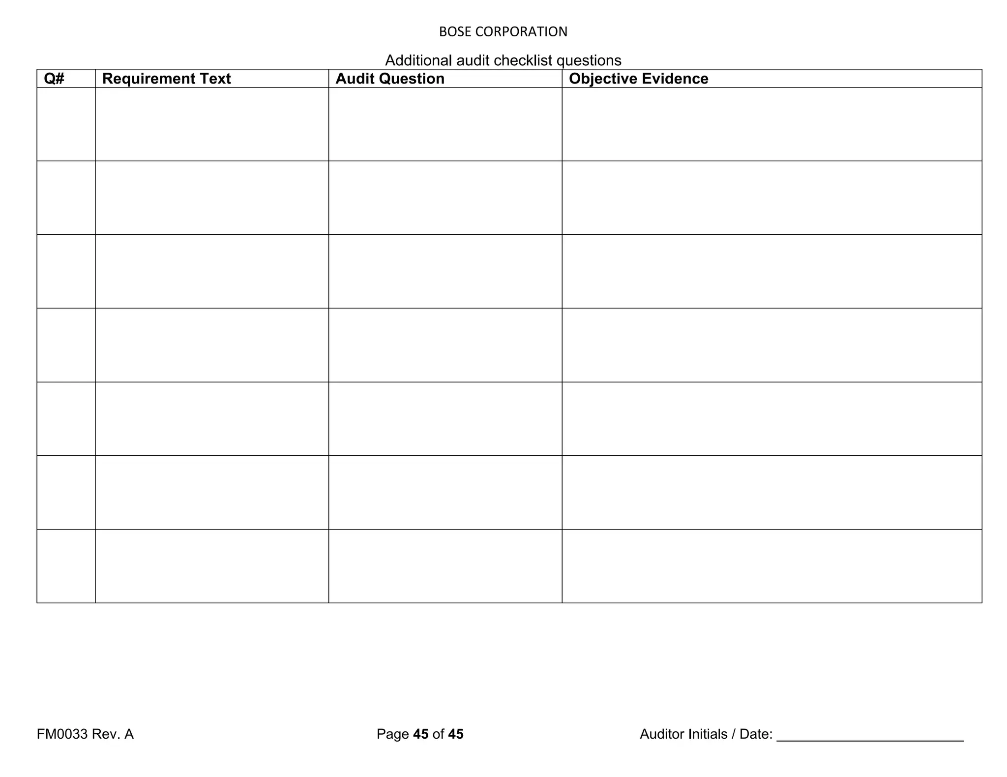 BOSE CORPORATION
FM0033 Rev. A Page 45 of 45 Auditor Initials / Date: ________________________
Additional audit checklist questions
Q# Requirement Text Audit Question Objective Evidence
 