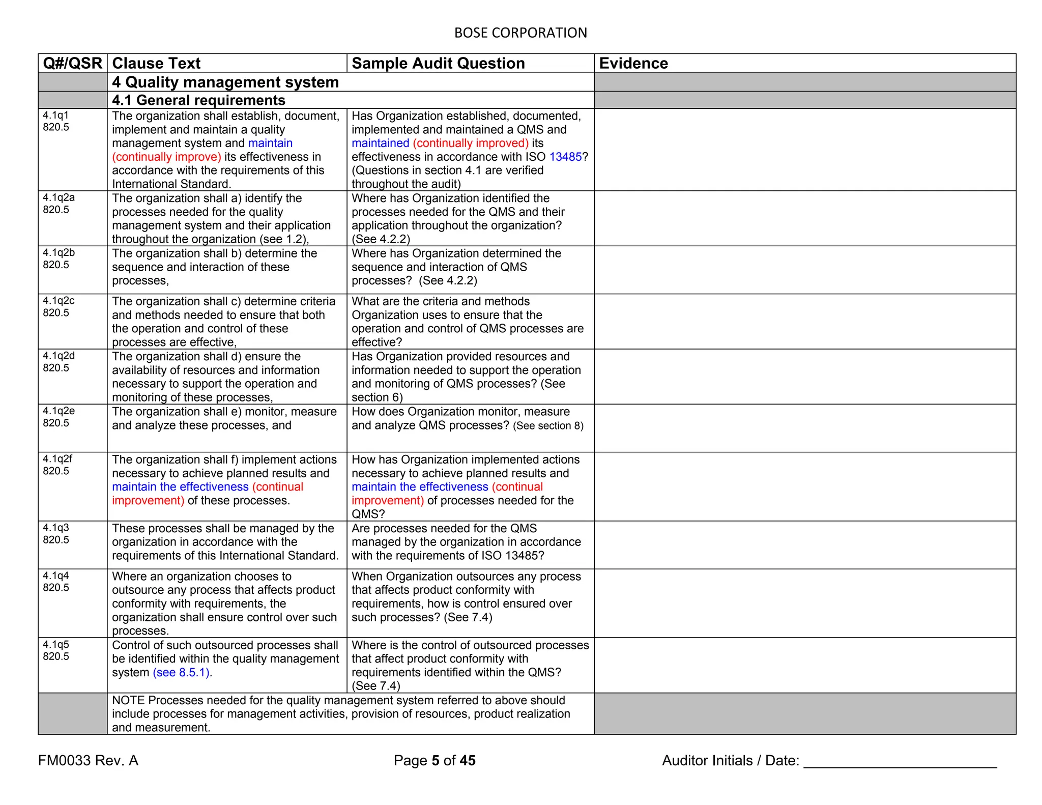 BOSE CORPORATION
FM0033 Rev. A Page 5 of 45 Auditor Initials / Date: ________________________
Q#/QSR Clause Text Sample Audit Question Evidence
4 Quality management system
4.1 General requirements
4.1q1
820.5
The organization shall establish, document,
implement and maintain a quality
management system and maintain
(continually improve) its effectiveness in
accordance with the requirements of this
International Standard.
Has Organization established, documented,
implemented and maintained a QMS and
maintained (continually improved) its
effectiveness in accordance with ISO 13485?
(Questions in section 4.1 are verified
throughout the audit)
4.1q2a
820.5
The organization shall a) identify the
processes needed for the quality
management system and their application
throughout the organization (see 1.2),
Where has Organization identified the
processes needed for the QMS and their
application throughout the organization?
(See 4.2.2)
4.1q2b
820.5
The organization shall b) determine the
sequence and interaction of these
processes,
Where has Organization determined the
sequence and interaction of QMS
processes? (See 4.2.2)
4.1q2c
820.5
The organization shall c) determine criteria
and methods needed to ensure that both
the operation and control of these
processes are effective,
What are the criteria and methods
Organization uses to ensure that the
operation and control of QMS processes are
effective?
4.1q2d
820.5
The organization shall d) ensure the
availability of resources and information
necessary to support the operation and
monitoring of these processes,
Has Organization provided resources and
information needed to support the operation
and monitoring of QMS processes? (See
section 6)
4.1q2e
820.5
The organization shall e) monitor, measure
and analyze these processes, and
How does Organization monitor, measure
and analyze QMS processes? (See section 8)
4.1q2f
820.5
The organization shall f) implement actions
necessary to achieve planned results and
maintain the effectiveness (continual
improvement) of these processes.
How has Organization implemented actions
necessary to achieve planned results and
maintain the effectiveness (continual
improvement) of processes needed for the
QMS?
4.1q3
820.5
These processes shall be managed by the
organization in accordance with the
requirements of this International Standard.
Are processes needed for the QMS
managed by the organization in accordance
with the requirements of ISO 13485?
4.1q4
820.5
Where an organization chooses to
outsource any process that affects product
conformity with requirements, the
organization shall ensure control over such
processes.
When Organization outsources any process
that affects product conformity with
requirements, how is control ensured over
such processes? (See 7.4)
4.1q5
820.5
Control of such outsourced processes shall
be identified within the quality management
system (see 8.5.1).
Where is the control of outsourced processes
that affect product conformity with
requirements identified within the QMS?
(See 7.4)
NOTE Processes needed for the quality management system referred to above should
include processes for management activities, provision of resources, product realization
and measurement.
 