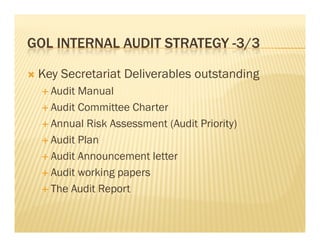 GOL INTERNAL AUDIT STRATEGY -3/3
                             3/3

   Key Secretariat Deliverables outstanding
     Audit Manual
     Audit Committee Charter

     Annual Risk Assessment (Audit Priority)

     Audit Plan

     Audit Announcement letter

     A dit working papers
      Audit    ki g
     The Audit Report
 