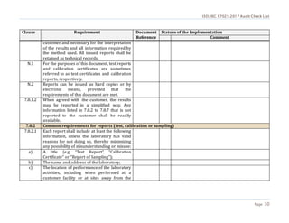 ISO/IEC 17025:2017 Audit Check List
Page 30
Clause Requirement Document
Reference
Statues of the Implementation
Comment
customer and necessary for the interpretation
of the results and all information required by
the method used. All issued reports shall be
retained as technical records.
N.1 For the purposes of this document, test reports
and calibration certificates are sometimes
referred to as test certificates and calibration
reports, respectively.
N.2 Reports can be issued as hard copies or by
electronic means, provided that the
requirements of this document are met.
7.8.1.2 When agreed with the customer, the results
may be reported in a simplified way. Any
information listed in 7.8.2 to 7.8.7 that is not
reported to the customer shall be readily
available.
7.8.2 Common requirements for reports (test, calibration or sampling)
7.8.2.1 Each report shall include at least the following
information, unless the laboratory has valid
reasons for not doing so, thereby minimizing
any possibility of misunderstanding or misuse:
a) A title (e.g. “Test Report”, “Calibration
Certificate” or “Report of Sampling”);
b) The name and address of the laboratory;
c) The location of performance of the laboratory
activities, including when performed at a
customer facility or at sites away from the
 