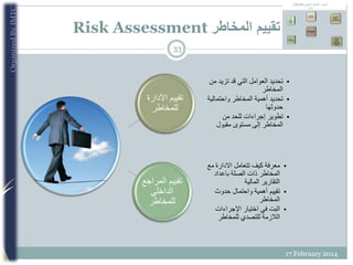 ‫تقييم المخاطر ‪Risk Assessment‬‬
‫33‬

‫• تحديد العوامل التي قد تزيد من‬
‫المخاطر‬
‫• تحديد أهمية المخاطر واحتمالية‬
‫حدو...