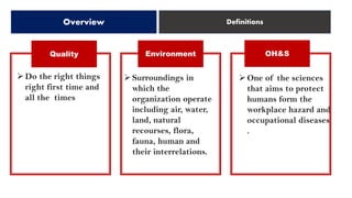 Quality Environment OH&S
➢Do the right things
right first time and
all the times
➢Surroundings in
which the
organization operate
including air, water,
land, natural
recourses, flora,
fauna, human and
their interrelations.
➢One of the sciences
that aims to protect
humans form the
workplace hazard and
occupational diseases
.
Overview Definitions
 