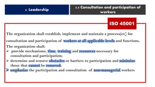 5. Leadership
5.4 Consultation and participation of
workers
ISO 45001
The organization shall establish, implement and maintain a process(es] for
consultation and participation of workers at all applicable levels and functions,
The organization shall:
➢ provide mechanisms, time, training and resources necessary for
consultation and participation;
➢ determine and remove obstacles or barriers to participation and minimize
those that cannot be removed;
➢ emphasize the participation and consultation of non-managerial workers
 