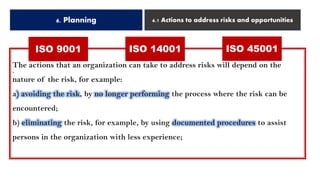 ISO 9001
6. Planning 6.1 Actions to address risks and opportunities
.
The actions that an organization can take to address risks will depend on the
nature of the risk, for example:
a) avoiding the risk, by no longer performing the process where the risk can be
encountered;
b) eliminating the risk, for example, by using documented procedures to assist
persons in the organization with less experience;
ISO 14001 ISO 45001
 