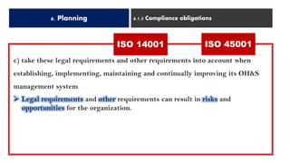 6. Planning 6.1.3 Compliance obligations
ISO 14001 ISO 45001
c) take these legal requirements and other requirements into account when
establishing, implementing, maintaining and continually improving its OH&S
management system
➢ Legal requirements and other requirements can result in risks and
opportunities for the organization.
 