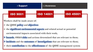 7 Support 7.3 Awareness
ISO 14001 ISO 45001ISO 9001
Workers shall be made aware of:
➢ the QHSE policy and objectives
➢ the significant environmental aspects and related actual or potential
environmental impacts associated with their work;
➢ hazards, OH&S risks and actions determined that are relevant to them;
➢ incidents and the outcomes of investigations that are relevant to them;
➢ their contribution to the effectiveness of the QHSE management system
 