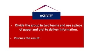 - Divide the group in two teams and use a piece
of paper and oral to deliver information.
- Discuss the result.
ACTIVITY
 
