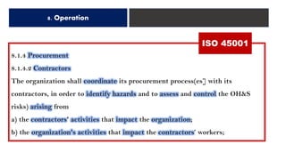 8. Operation
8.1.4 Procurement
8.1.4.2 Contractors
The organization shall coordinate its procurement process(es] with its
contractors, in order to identify hazards and to assess and control the OH&S
risks) arising from
a) the contractors' activities that impact the organization;
b) the organization's activities that impact the contractors’ workers;
ISO 45001
 