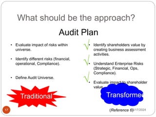 What should be the approach?
5/17/2024
17
Audit Plan
Traditional Transformed
(Reference 6)
• Evaluate impact of risks within
universe.
• Identify different risks (financial,
operational, Compliance).
• Define Audit Universe.
• Identify shareholders value by
creating business assessment
activities.
• Understand Enterprise Risks
(Strategic, Financial, Ops,
Compliance).
• Evaluate impact to shareholder
value.
√
√
√
 
