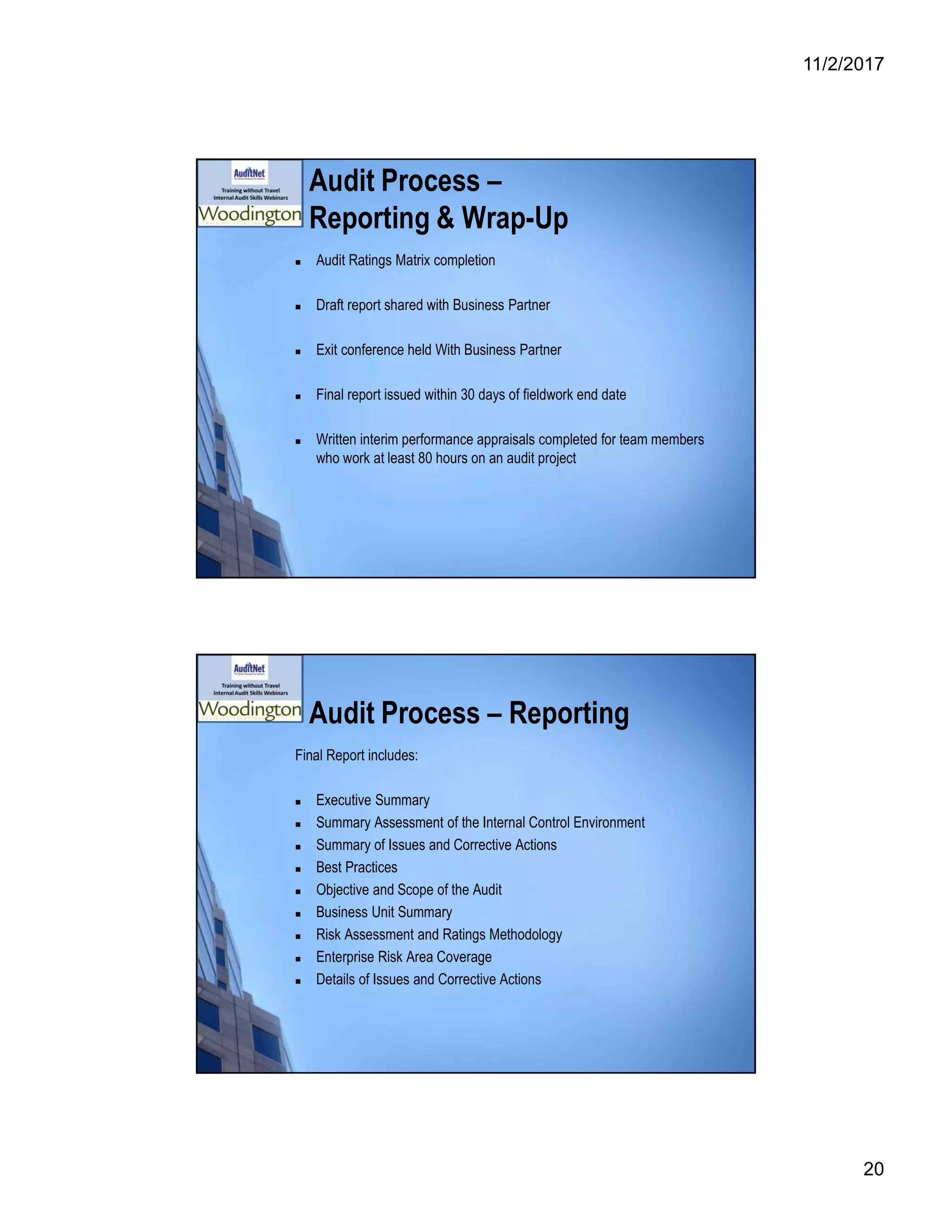 11/2/2017
20
Audit Process –
Reporting & Wrap-Up
 Audit Ratings Matrix completion
 Draft report shared with Business Partner
 Exit conference held With Business Partner
 Final report issued within 30 days of fieldwork end date
 Written interim performance appraisals completed for team members
who work at least 80 hours on an audit project
Audit Process – Reporting
Final Report includes:
 Executive Summary
 Summary Assessment of the Internal Control Environment
 Summary of Issues and Corrective Actions
 Best Practices
 Objective and Scope of the Audit
 Business Unit Summary
 Risk Assessment and Ratings Methodology
 Enterprise Risk Area Coverage
 Details of Issues and Corrective Actions
 