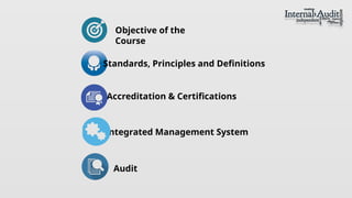 Objective of the
Course
Standards, Principles and Definitions
Accreditation & Certifications
Integrated Management System
Audit
 