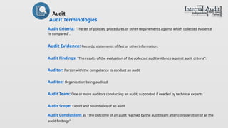 Audit Criteria: "The set of policies, procedures or other requirements against which collected evidence
is compared".
Audit Evidence: Records, statements of fact or other information.
Audit Findings: "The results of the evaluation of the collected audit evidence against audit criteria".
Auditor: Person with the competence to conduct an audit
Auditee: Organization being audited
Audit Team: One or more auditors conducting an audit, supported if needed by technical experts
Audit Scope: Extent and boundaries of an audit
Audit Conclusions as "The outcome of an audit reached by the audit team after consideration of all the
audit findings"
Audit
Audit Terminologies
 