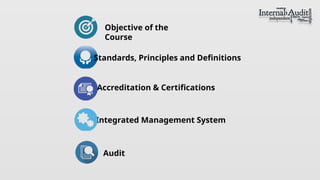 Objective of the
Course
Standards, Principles and Definitions
Accreditation & Certifications
Integrated Management System
Audit
 