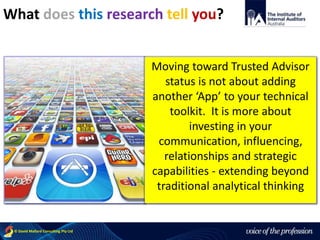 voice of the profession© David Mallard Consulting Pty Ltd
What does this research tell you?
Moving toward Trusted Advisor
status is not about adding
another ‘App’ to your technical
toolkit. It is more about
investing in your
communication, influencing,
relationships and strategic
capabilities - extending beyond
traditional analytical thinking
 