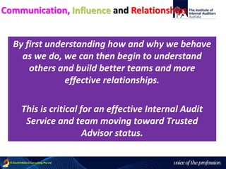 voice of the profession© David Mallard Consulting Pty Ltd
By first understanding how and why we behave
as we do, we can then begin to understand
others and build better teams and more
effective relationships.
This is critical for an effective Internal Audit
Service and team moving toward Trusted
Advisor status.
Communication, Influence and Relationships
 