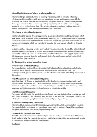 Assessment and Internal Auditor Course Certification | PPT