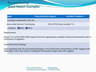 Nonconformity
Good Report Examples
Nonconformity Report Incident Number:1
QMS
Company underaudit: XYZ, Inc.
Area under Review: Purchasing ISO 22716 Clause number 7.4
Category: Major Minor
Requirement:
Clause 7.4.1 of ISO 9001:2008 requires that the organization establish criteria forevaluation and re-
evaluation of suppliers.
Nonconformity Findings:
Upon speaking with the purchasing Manager, it was found that noevaluation of ABC supplier had
taken place since the contract wassigned and business begin with ABC supplier
Ramasubramanian.s Management
consultant/Trainer/Auditor +919952229598
 