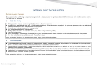 Source:www.knowledgeleader.com/ Page 1
INTERNAL AUDIT RATING SYSTEM
RATING OF AUDIT FINDINGS
The purpose of rating audit findings is to provide management with a clearer picture of the significance of control deficiencies as an aid to prioritize corrective actions.
The three levels are as follows:
I. High-Risk Finding
 Misappropriations or losses considered significant by internal audit and management
 A repeat control weakness that could result in a loss considered significant by internal audit and management, but has not yet resulted in a loss. The weakness is
not being addressed or is being slowly addressed by management
 An unintentional material misstatement of financial results
 Any intentional misstatement of financial results
 Findings that could result in an undesirable consequence relative to legal position or publicity
 Significant policy violation
 Policy violation that in isolation would not be significant but which displays a consistent pattern of behavior that would represent a significant policy violation
 Any other matter that internal audit believes to be of a significant nature
These issues will be reported to the relevant process owners, project sponsor and audit committee.
II. Control Weakness
 Control weaknesses that could lead to significant misappropriation, losses or misstatement of financial results but which are compensated for by informal controls.
There is no reliance that the informal control system will continue to operate in a consistent fashion
 Control weakness that could result in a loss considered significant by internal audit and management and upwards, but have not yet resulted in a loss and which
are being properly addressed by management
 An unintentional material misstatement of financial results or a control weakness which could result in an unintentional material misstatement of financial results
 Lack of policy and procedures covering significant transactions/activities. Non-compliance with policies and procedures covering significant transactions/activities
 Misappropriations considered less than significant
These issues will be reported to the relevant process owners, project sponsor and audit committee.
 