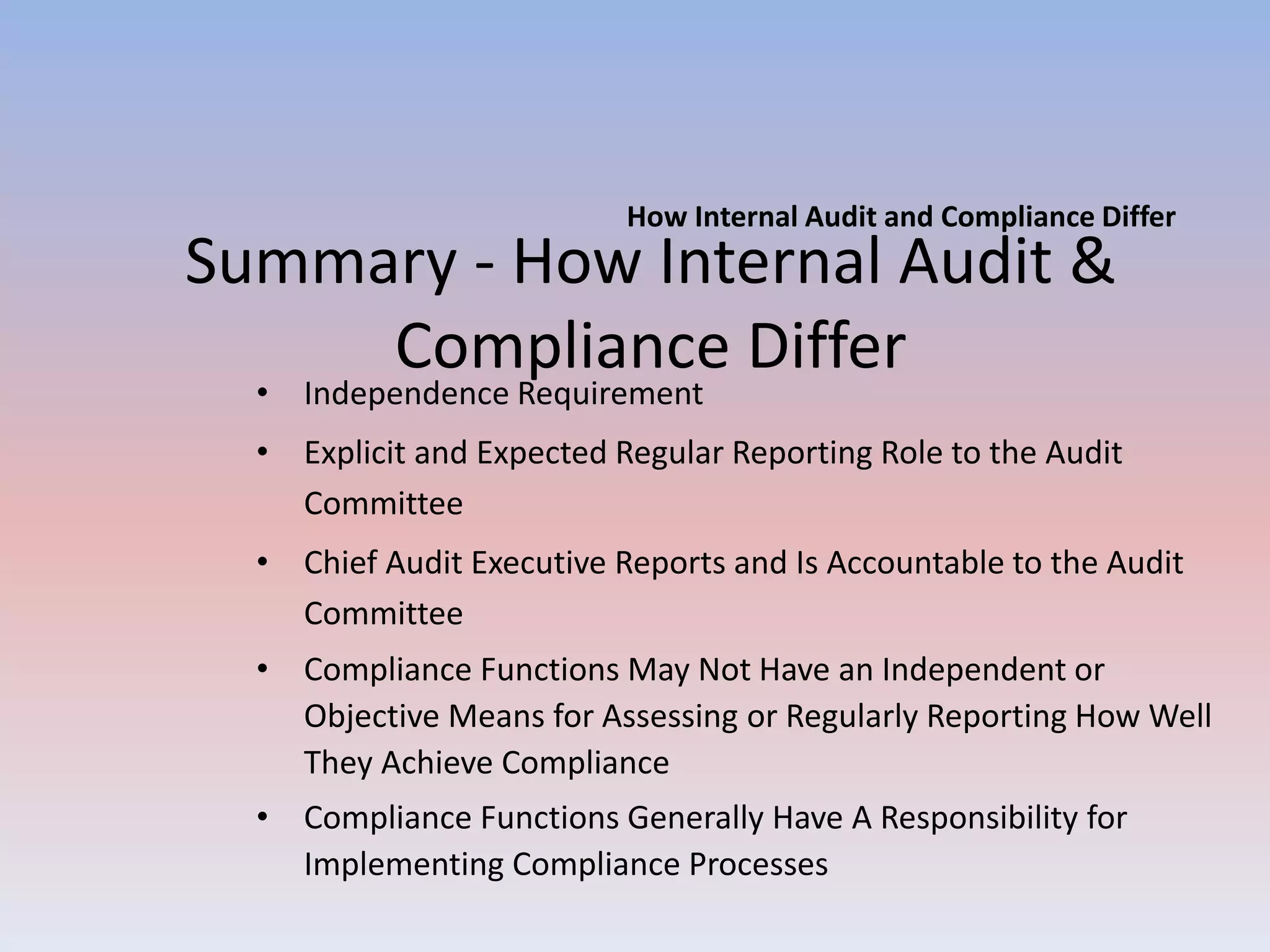 How Internal Audit and Compliance Differ 
Summary - How Internal Audit & 
Compliance Differ 
• Independence Requirement 
• Explicit and Expected Regular Reporting Role to the Audit 
Committee 
• Chief Audit Executive Reports and Is Accountable to the Audit 
Committee 
• Compliance Functions May Not Have an Independent or 
Objective Means for Assessing or Regularly Reporting How Well 
They Achieve Compliance 
• Compliance Functions Generally Have A Responsibility for 
Implementing Compliance Processes 
 