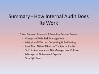 Summary - How Internal Audit Does 
Its Work 
5 Year Outlook - Assurance & Consulting Services Groups 
• Enterprise Wide Risk Management 
• Majority of Effort on Consulting & Facilitating 
• Less Than 50% of Effort on Traditional Audits 
• Shift to Assurance on Risk Management Culture 
• Manager of Outsourced Experts 
• Strategic Role 
 