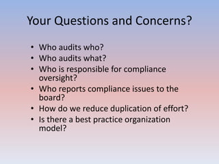 Your Questions and Concerns? 
• Who audits who? 
• Who audits what? 
• Who is responsible for compliance 
oversight? 
• Who reports compliance issues to the 
board? 
• How do we reduce duplication of effort? 
• Is there a best practice organization 
model? 
 