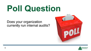 Poll Question
Does your organization
currently run internal audits?
5
 