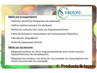  Οφζλθ για το ςυμμετζχοντα
 Ανάπτυξθ ικανοτιτων διαχείριςθσ και οργάνωςθσ
 Διεκνισ ομαδικι εμπειρία ςτο εξωτερικό
 Εκελοντικι εμπειρία ςτον τομζα τθσ επιχειρθματικότθτασ
 Ανάπτυξθ δεξιοτιτων παρουςίαςθσ και επικοινωνιακϊν δεξιοτιτων
 Ενδυνάμωςθ βιογραφικοφ
 Ανάπτυξθ προςωπικοφ δικτφου
 Οφζλθ για τθν κοινωνία
 Εφαρμογι γνϊςεων και ιδεϊν επιχειρθματικότθτασ ςτθν τοπικι κοινωνία
πραγματοποίθςθσ του προγράμματοσ
 Εφαρμογι των γνϊςεων, των ιδεϊν και τθσ εμπειρίασ του ςυμμετζχοντα ςτθν
τοπικι κοινωνία κατά τθν επιςτροφι
4. Products & Issues
 