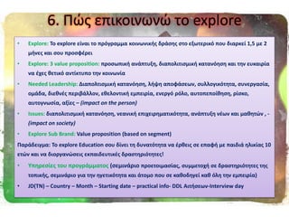 6. Πϊσ επικοινωνϊ το explore
• Explore: To explore είναι το πρόγραμμα κοινωνικισ δράςθσ ςτο εξωτερικό που διαρκεί 1,5 με 2
μινεσ και ςου προςφζρει
• Explore: 3 value proposition: προςωπικι ανάπτυξθ, διαπολιτιςμικι κατανόθςθ και τθν ευκαιρία
να ζχεσ κετικό αντίκτυπο τθν κοινωνία
• Needed Leadership: Διαπολτιςμικι κατανόθςθ, λιψθ αποφάςεων, ςυλλογικότθτα, ςυνεργαςία,
ομάδα, διεκνζσ περιβάλλον, εκελοντικι εμπειρία, ενεργό ρόλο, αυτοπεποίκθςθ, ρίςκο,
αυτογνωςία, αξίεσ – (impact on the person)
• Issues: διαπολιτιςμικι κατανόθςθ, νεανικι επιχειρθματικότθτα, ανάπτυξθ νζων και μακθτϊν , -
(impact on society)
• Explore Sub Brand: Value proposition (based on segment)
Παράδειγμα: Σο explore Education ςου δίνει τθ δυνατότθτα να ζρκεισ ςε επαφι με παιδιά θλικίασ 10
ετϊν και να διοργανϊςεισ εκπαιδευτικζσ δραςτθριότθτεσ!
• Τπθρεςίεσ του προγράμματοσ (ςεμινάριο προετοιμαςίασ, ςυμμετοχι ςε δραςτθριότθτεσ τθσ
τοπικισ, ςεμινάριο για τθν θγετικότθτα και άτομο που ςε κακοδθγεί κακ όλθ τθν εμπειρία)
• JD(ΣΝ) – Country – Month – Starting date – practical info- DDL Αιτιςεων-Interview day
 