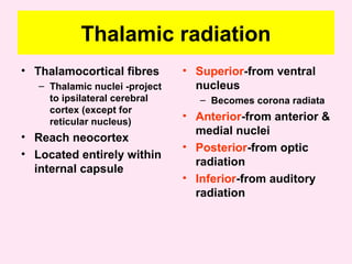 Thalamic radiation
• Thalamocortical fibres
– Thalamic nuclei -project
to ipsilateral cerebral
cortex (except for
reticular nucleus)
• Reach neocortex
• Located entirely within
internal capsule
• Superior-from ventral
nucleus
– Becomes corona radiata
• Anterior-from anterior &
medial nuclei
• Posterior-from optic
radiation
• Inferior-from auditory
radiation
 