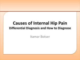 Causes of Internal Hip Pain
Differential Diagnosis and How to Diagnose

              Itamar Botser
 