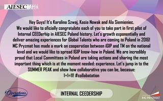Hey Guys! It's Karolina Szwaj, Kasia Nowak and Ala Siemieniec.
We would like to oficially congratulate each of you to take part in first pilot of
Internal CEEDerhip in AIESEC Poland history. Let’s growth exponentially and
deliver amazing experiences for Global Talents who are coming to Poland in 2016!
MC Pryzmat has made a mark on cooperation between iGIP and TM on the national
level and we would like to spread IGIP know-how in Poland. We are incredibly
proud that Local Committees in Poland are taking actions and sharing the most
important thing which is at the moment needed: experience. Let’s jump in to the
SUMMER PEAK and show how collaborative you can be, becasue:
1+1=11! #collabatation
INTERNAL CEEDERSHIP
 