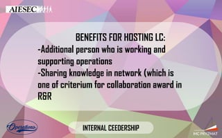 BENEFITS FOR HOSTING LC:
-Additional person who is working and
supporting operations
-Sharing knowledge in network (which is
one of criterium for collaboration award in
R&R
INTERNAL CEEDERSHIP
 