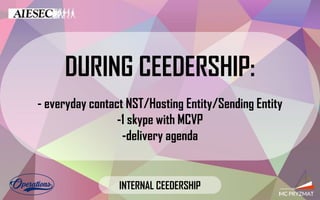 DURING CEEDERSHIP:
- everyday contact NST/Hosting Entity/Sending Entity
-1 skype with MCVP
-delivery agenda
INTERNAL CEEDERSHIP
 