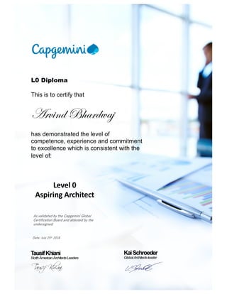 L0 Diploma
This is to certify that
Arvind Bhardwaj
has demonstrated the level of
competence, experience and commitment
to excellence which is consistent with the
level of:
Level 0
Aspiring Architect
As validated by the Capgemini Global
Certification Board and attested by the
undersigned:
KaiSchroeder
GlobalArchitectsleader
Date: July 25th 2018
TausifKhiani
NorthAmericanArchitectsLeaders
 